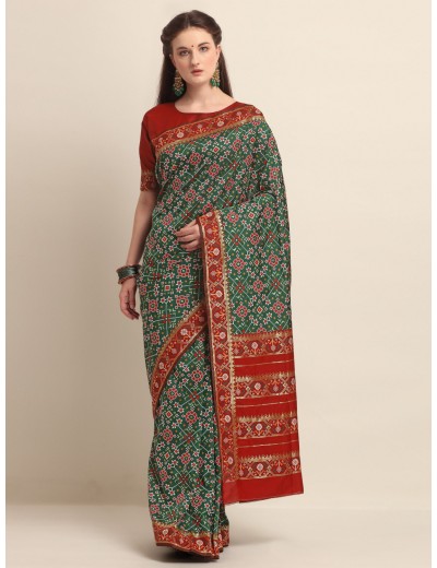 KAPAAHA Woven Navratan Patola Saree (Dark Green)